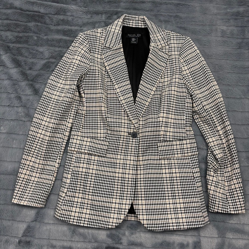 Rachel Zoe Womens Houndstooth Blazer Jacket XS Black Tan Plaid Single Button